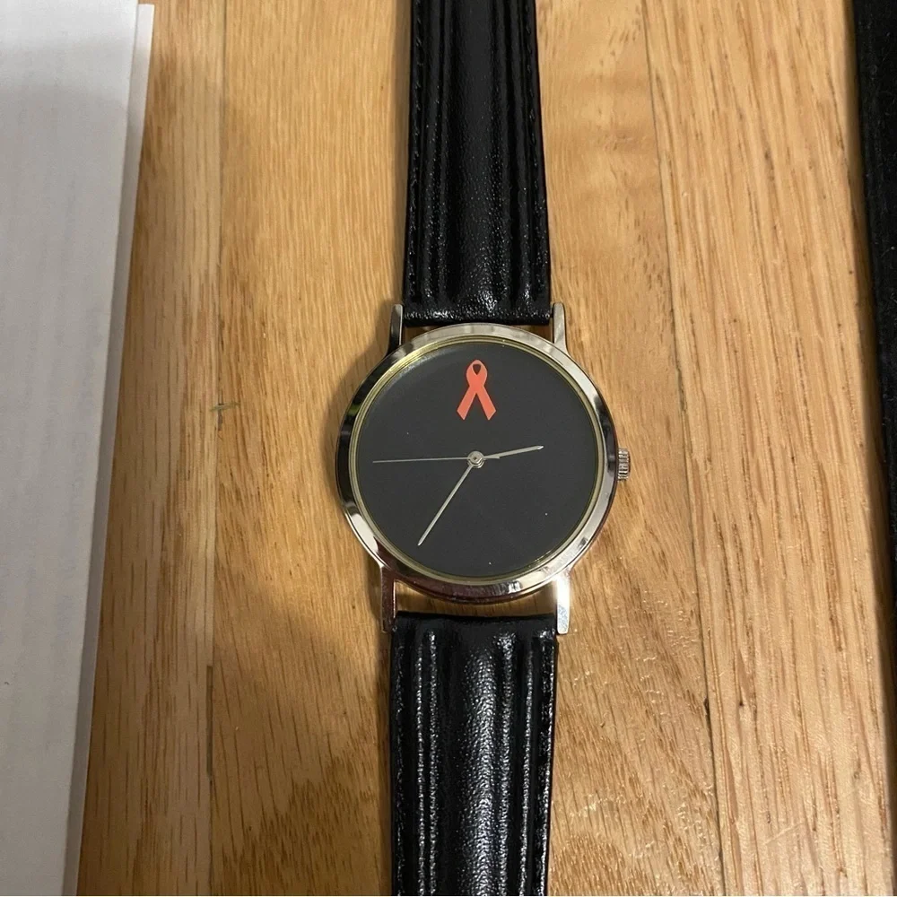 AIDS Awareness Catalog A&T Editeur Black Leather Strap Watch